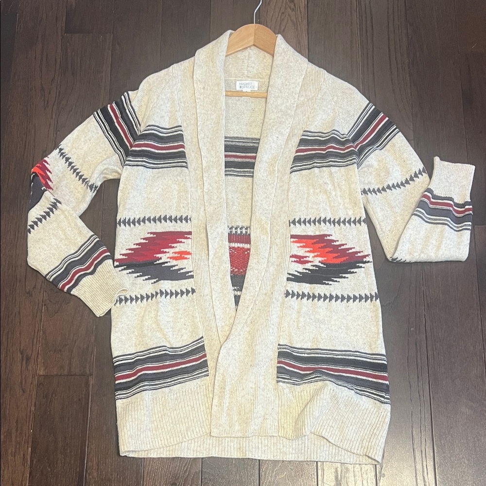 Market & Spruce Cream Open-Front Cardigan with Red and Grey Aztec Pattern